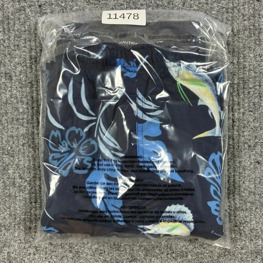 Nautica Mens XL Swim Trunks Fish Hawaiian Print Navy Mesh Lined Beach Shorts